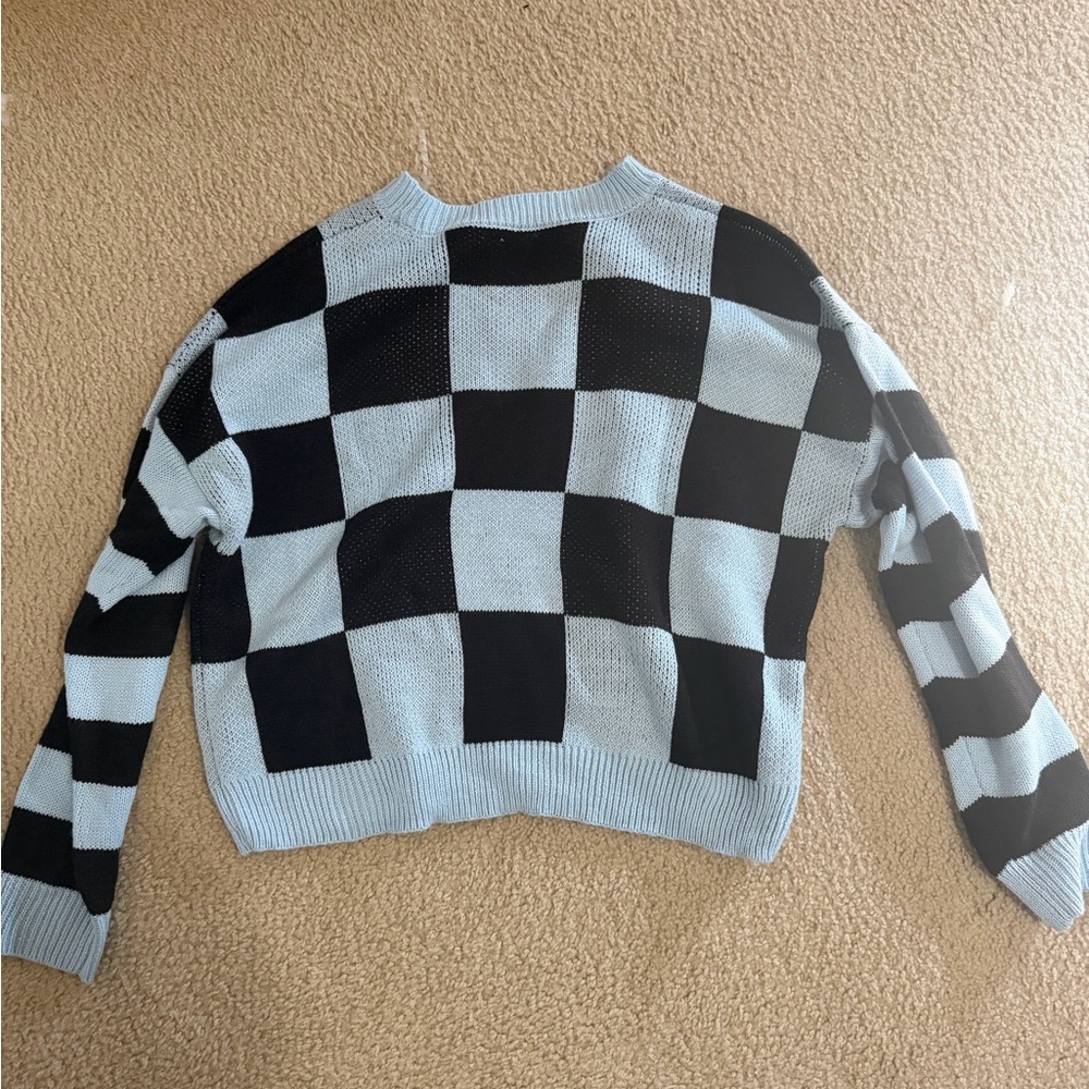 No Boundaries Sky Blue & Black Checkered Moon & Sun Crew Sweater - Picture 2 of 3
